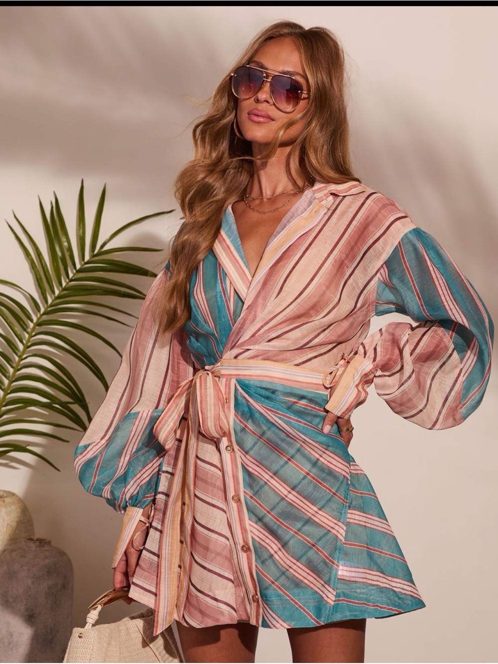 Vici Pink & Teal Striped Wrap Mini Dress